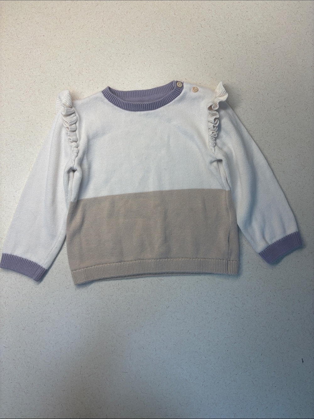 H&M Girls Colorblock Ruffle Shoulder Sweater in White, Beige & Lavender